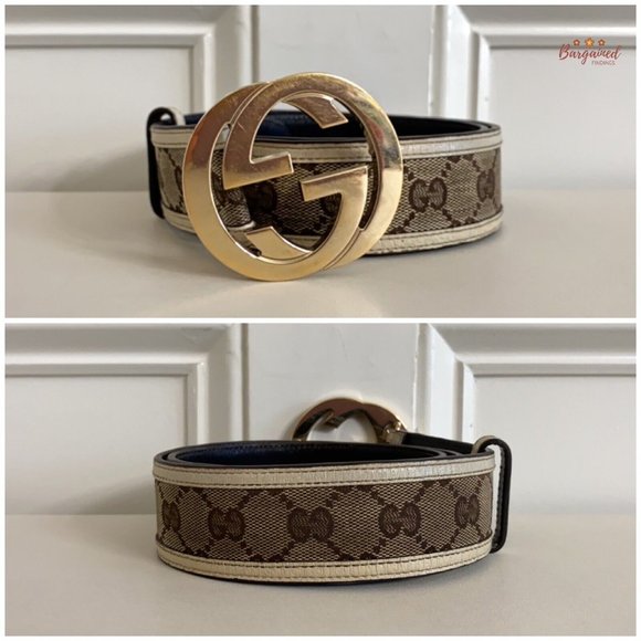 Authentic Gucci Cream Monogram Canvas Leather Interlocking G Buckle Belt 80/32 - Picture 3 of 13